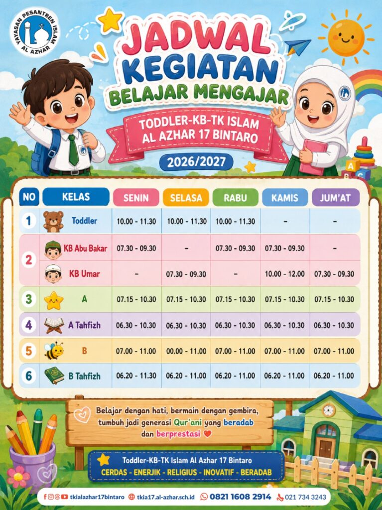 Informasi Jadwal Kegiatan Belajar Mengajar Toddler–KB–TK Islam Al Azhar 17 Bintaro Tahun Ajaran 2026/2027