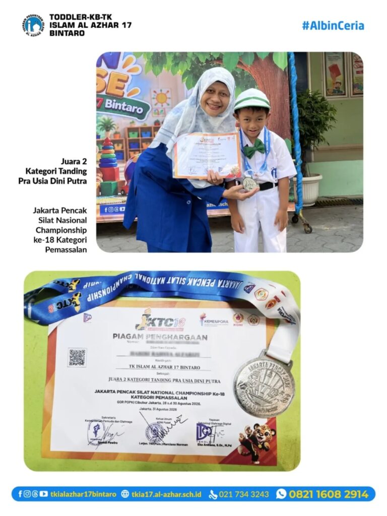 Habibi bersama guru TK Islam Al Azhar 17 Bintaro menunjukkan piagam dan medali Juara 2 Pencak Silat.