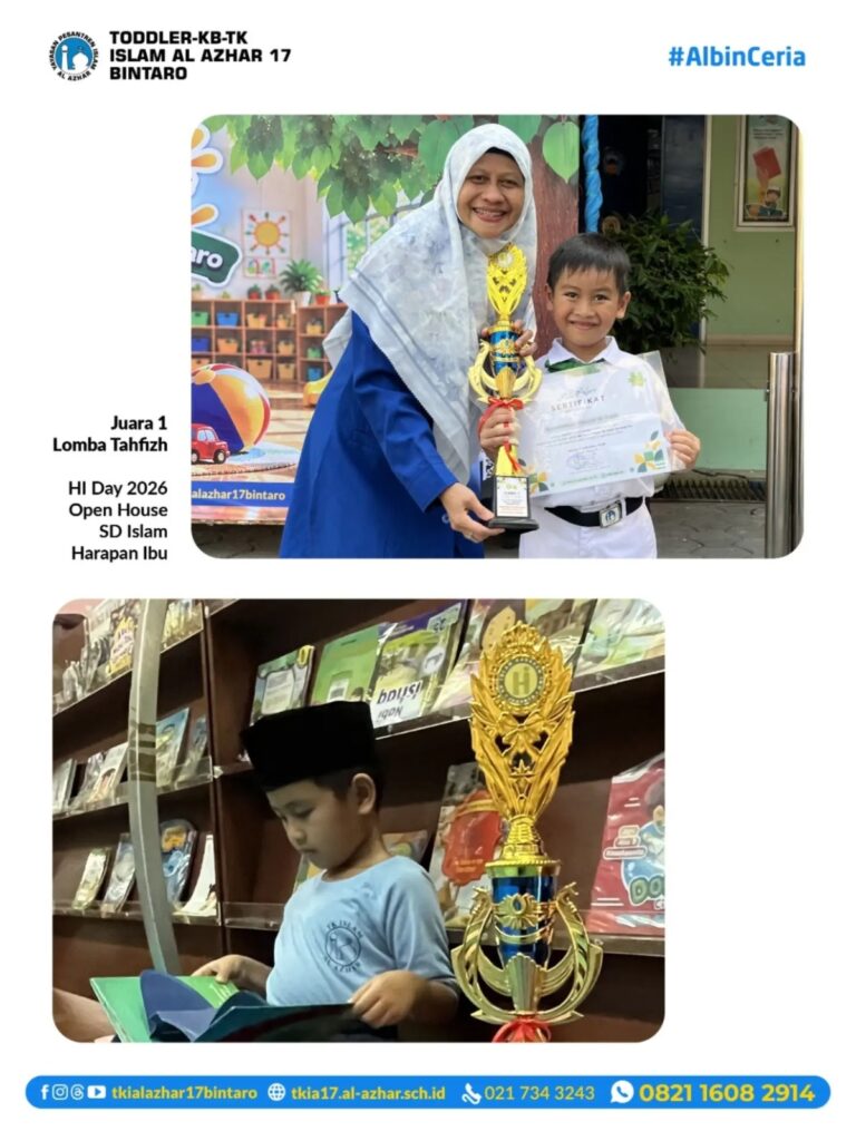 Zayid murid TK Islam Al Azhar 17 Bintaro menerima trofi dan sertifikat Juara 1 Lomba Tahfizh HI Day 2026