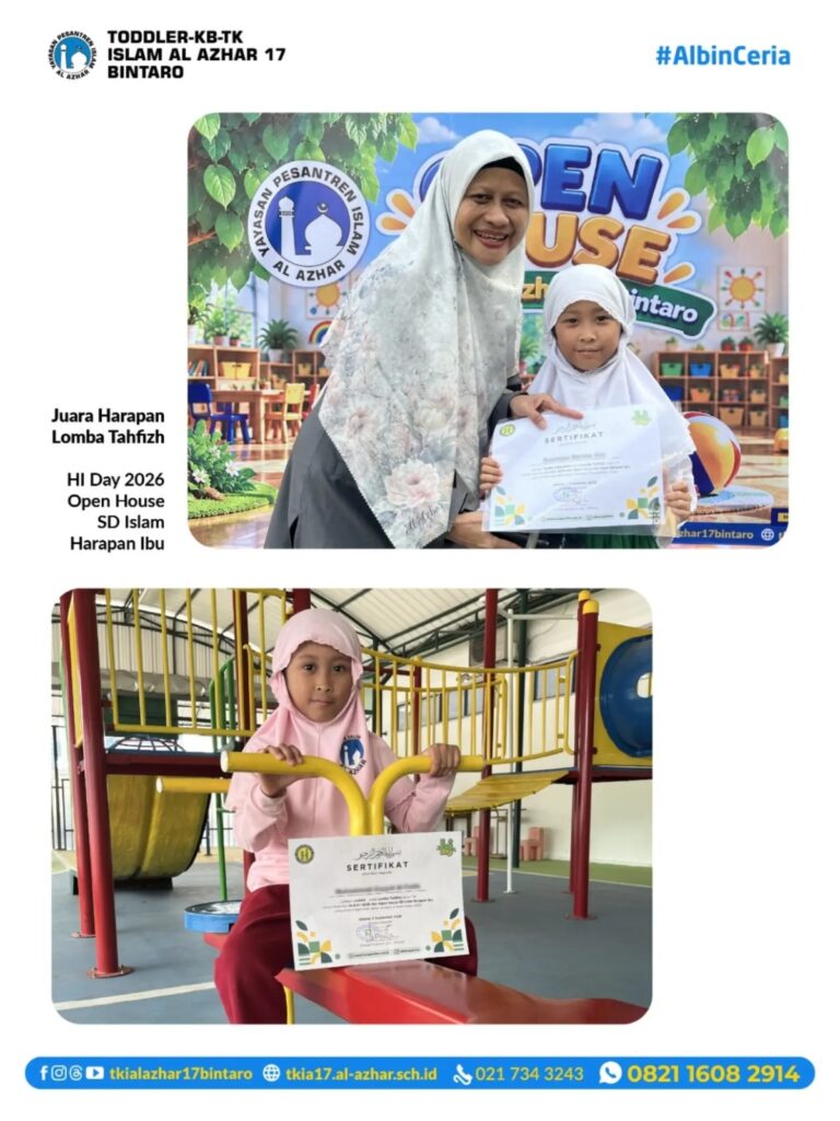 Sienna murid TK Islam Al Azhar 17 Bintaro menerima sertifikat Juara Harapan Lomba Tahfizh HI Day 2026