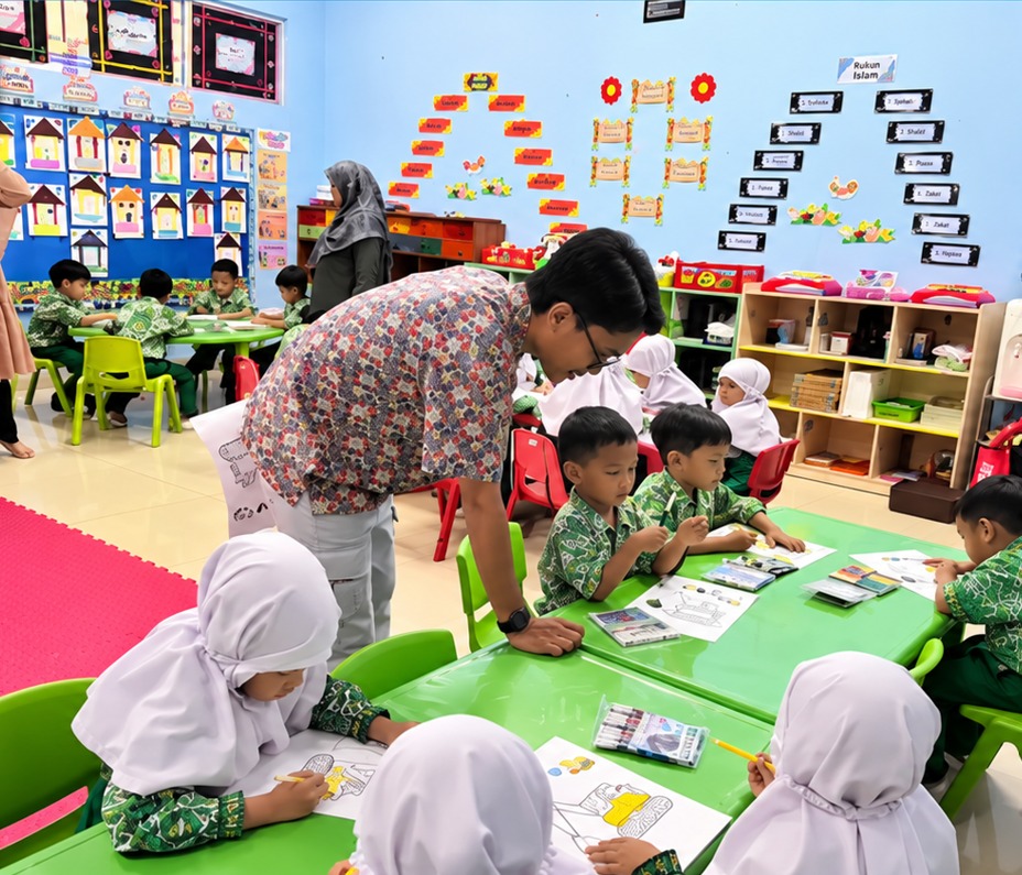 Murid kelompok A4 TK Islam Al Azhar 17 Bintaro mewarnai gambar excavator dengan pendampingan dalam kegiatan Guest Teacher